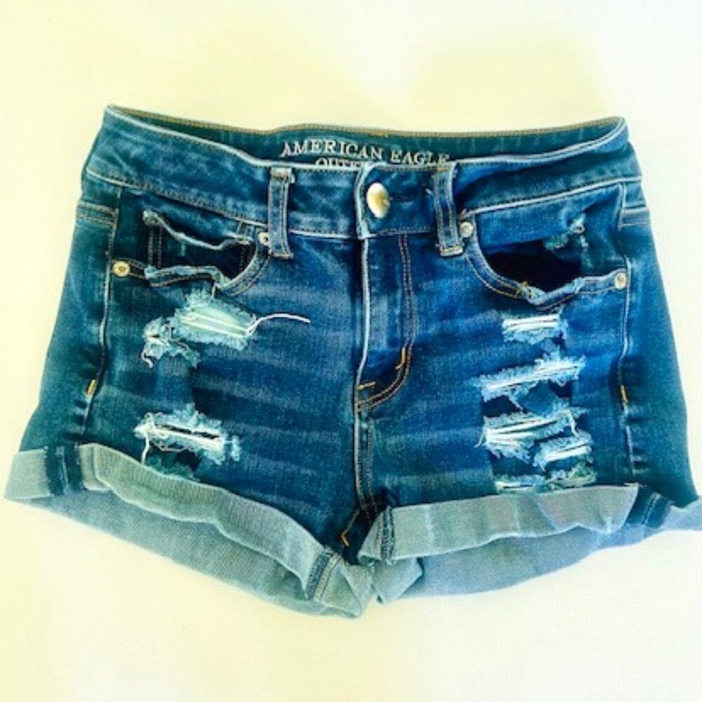 American Eagle Distressed, Stretch, Rolled-Cuff, Dark Wash, Denim Jean Shorts